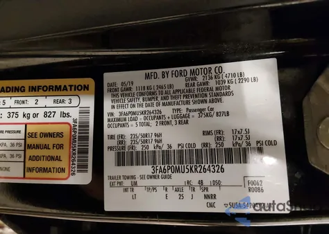 2019 Ford Fusion Hybrid Sel from USA, damaged, VIN 3FA6P0MU5KR264326